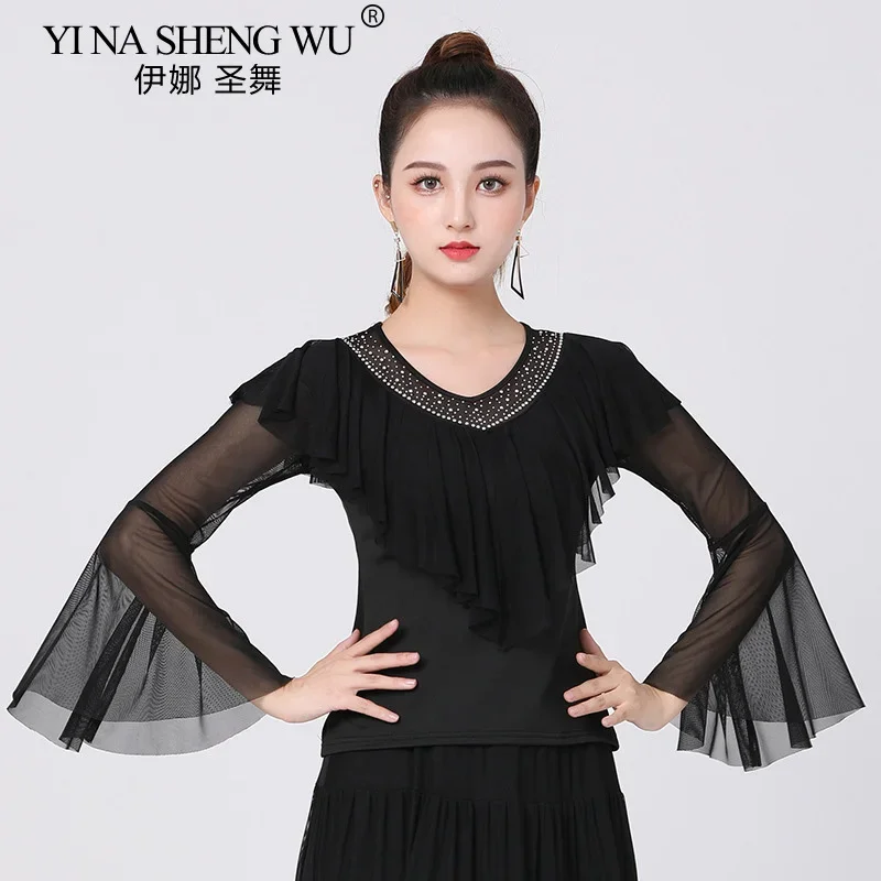 Noble Ruffle Leader Long Sleeve Dance Tops For Women Solid Color ...