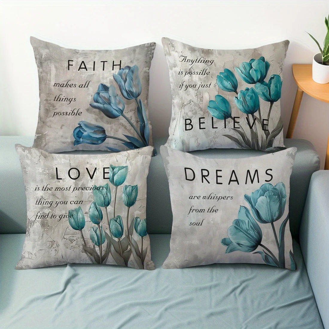 4PCS Blue Tulip Plush Pillow Covers (No Pillow Inserts) 3