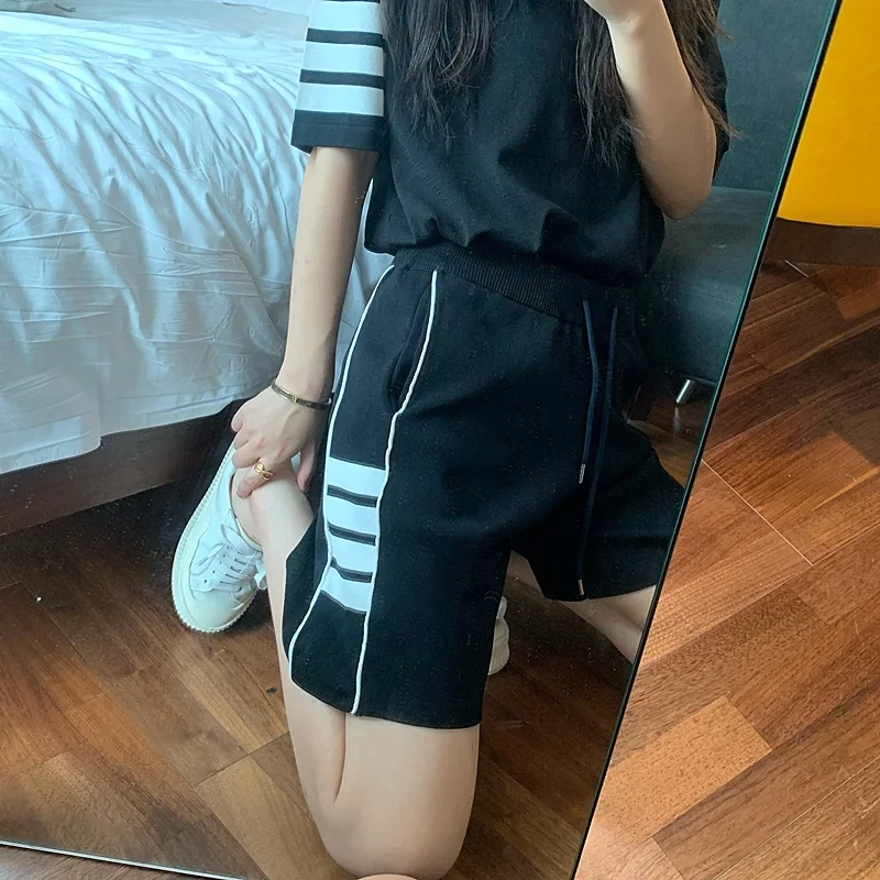 

TB side striped sports shorts women's summer four bars loose high waist was thin casual ice silk knitted hot pants tide