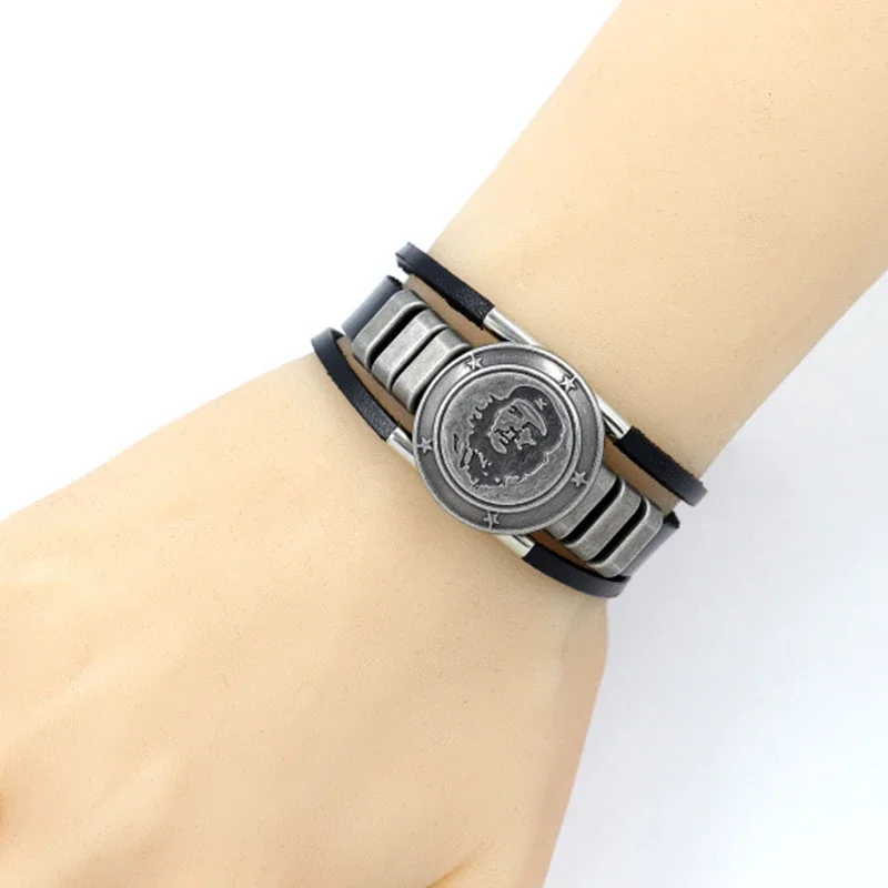 CUTEECO Punk Che Guevara Charm Cuff Bracelets Bangles Genuine Leather Bracelet for Women Mens Bracelets Men Jewelry Accessories