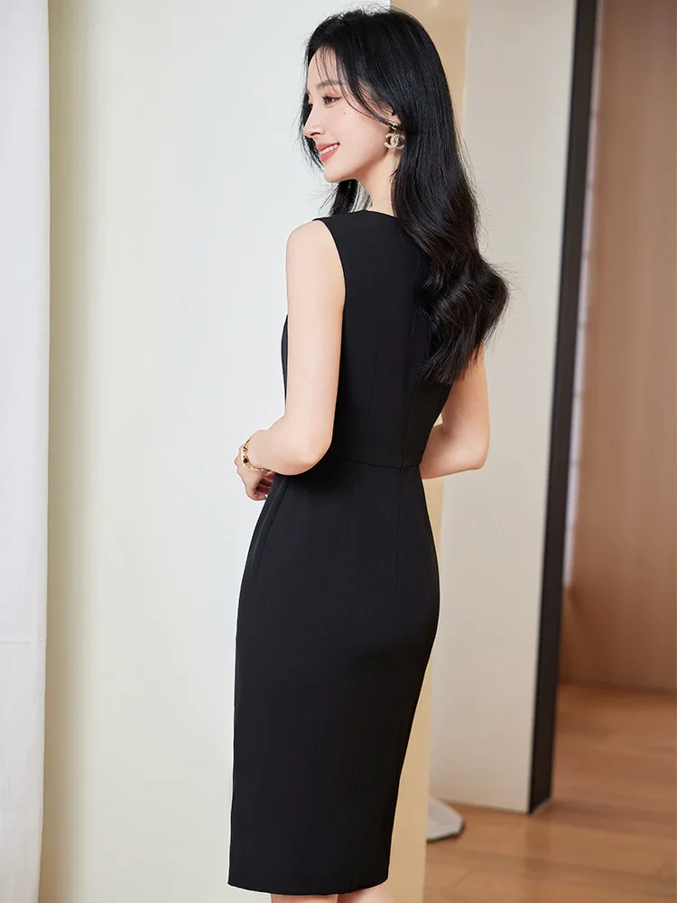 블랙 여성용 우아한 드레스, 라운드넥 민소매 클래식 힙랩 원피스, 여름 오피스 레이디 슬림핏 정장 원피스