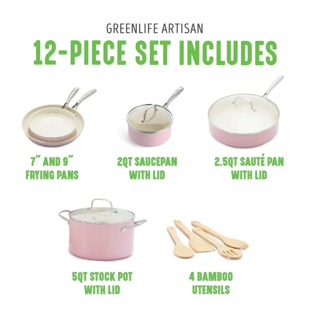 GreenLife Artisan Healthy Ceramic Nonstick, 12pc Cookware Set, Soft Pink. 