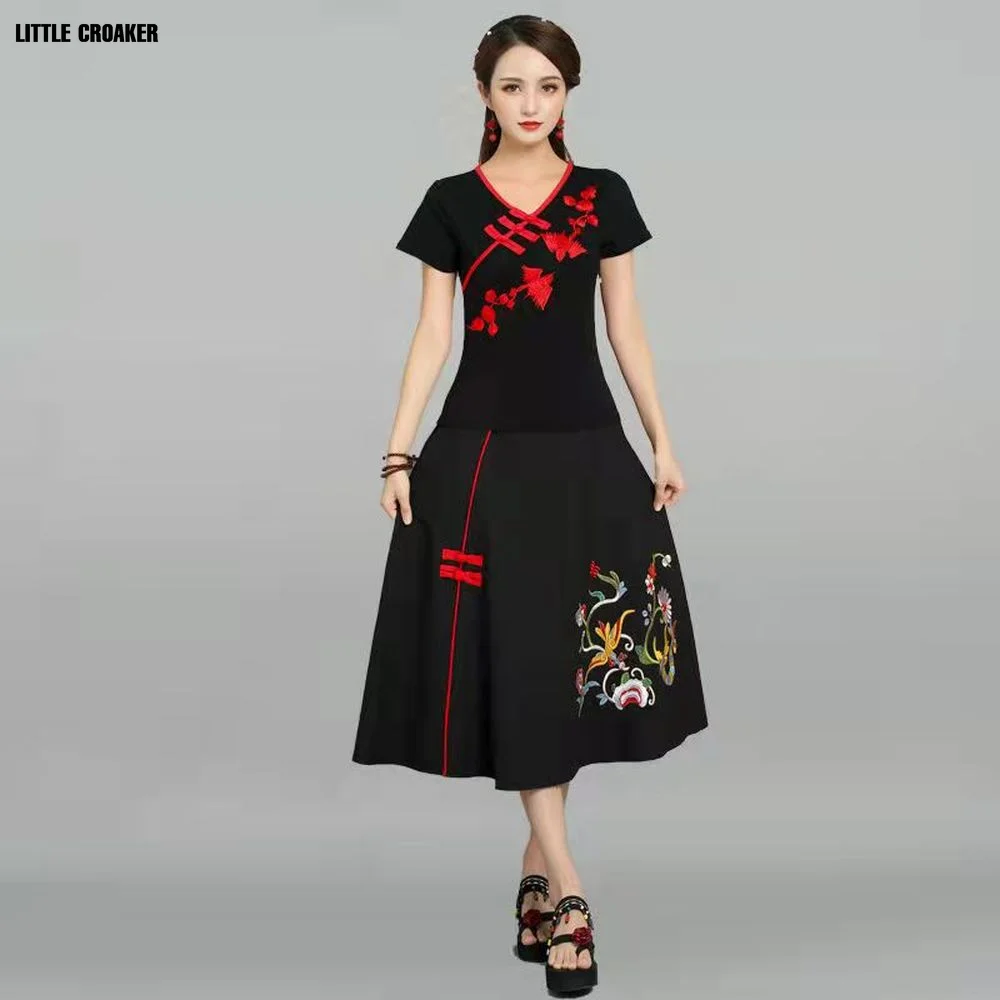 Cotton Linen Traditional Chinese Vintage Cheongsam Tops Embroidery Women O-neck Loose Style Clothing Retro Skirt Outfits