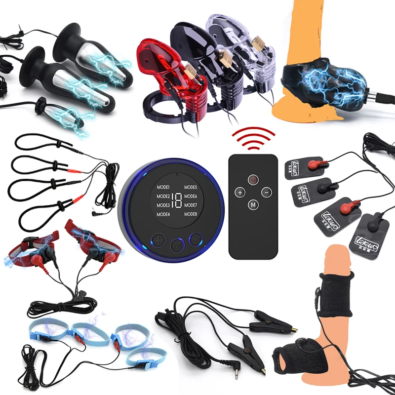 Wireless Remote Control Electric Shock Anal Vaginal Plug Penis Cage/Ring Nipple Clamp Massage Pad Sex Electro Stimulator Toy Kit