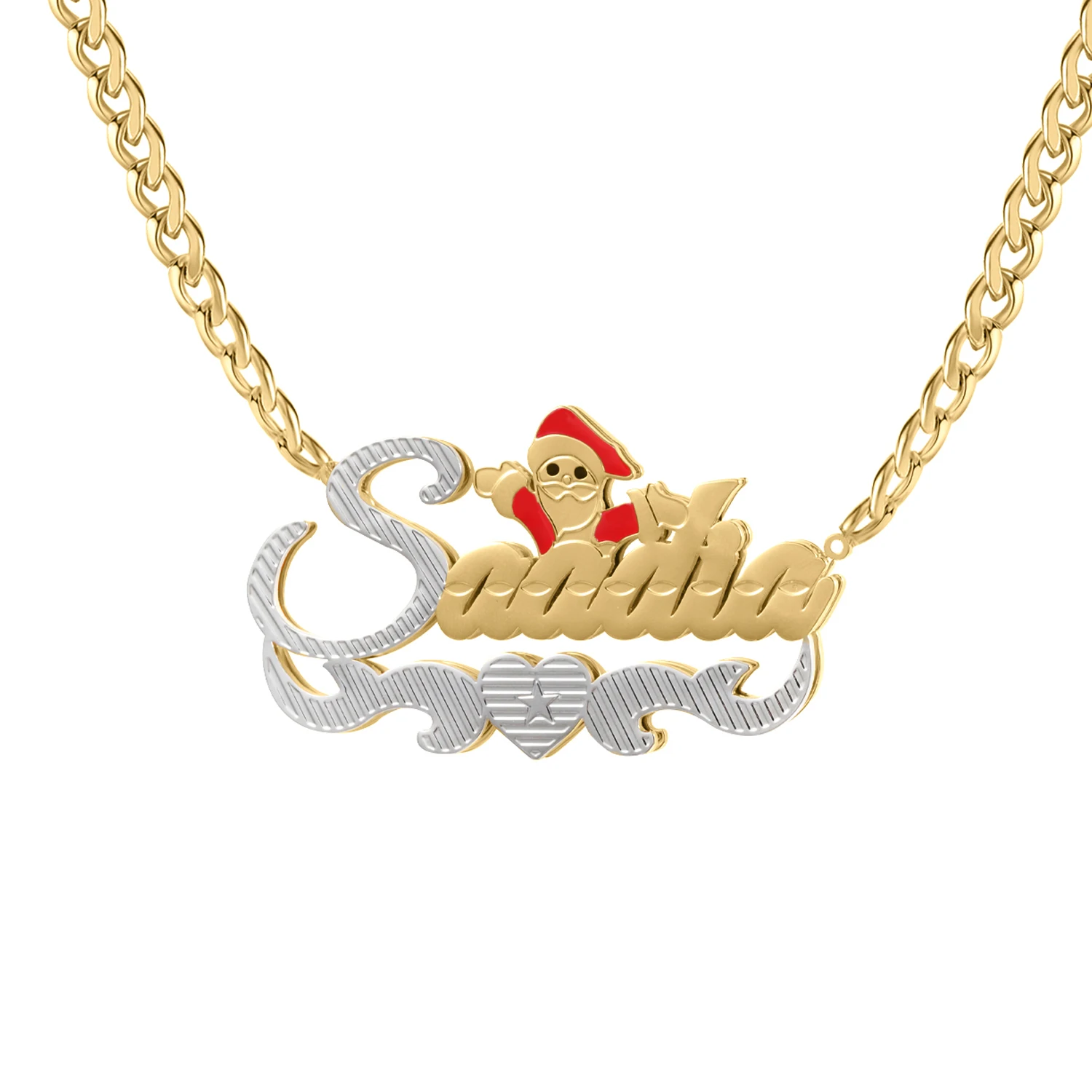 Customized Double Layer Two Tone With Santa Claus And Heart Personalized Gold Plated Name Necklace For Women Christmas Gifts