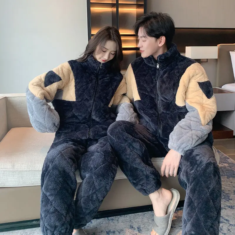2023 New Winter couples matching pajamas Coral Fleece Thickened Warm Two-Piece Suit Loose Casual  stand collar Nightclothes