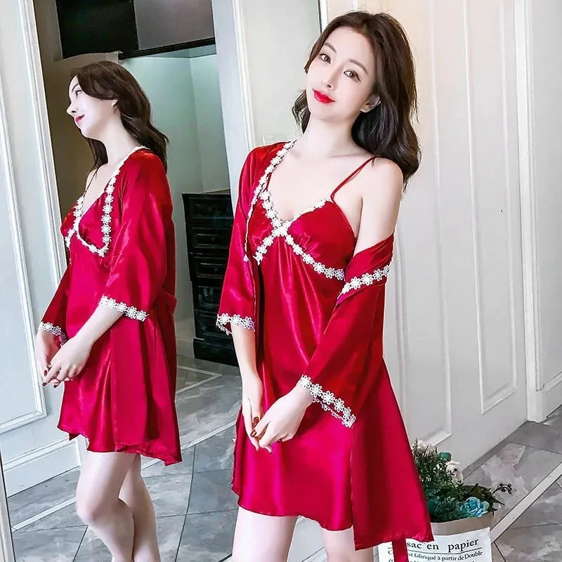 

Sexy Sling Sleeping Two-piece Robes Erotic Sets Summer New Erotic Lingerie Ice Silk Lace Sleepwear Women Sexy Lingerie Hot Dress