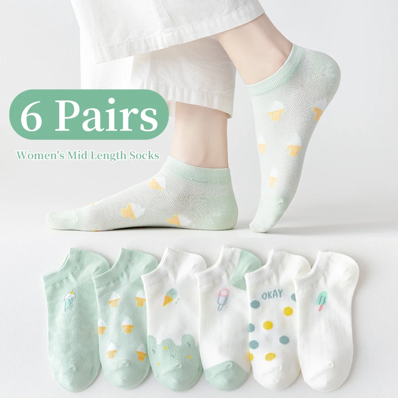 Womens Socks 6 Pairs women summer thin short socks sweet cute breathable mesh comfortable small floral fragments