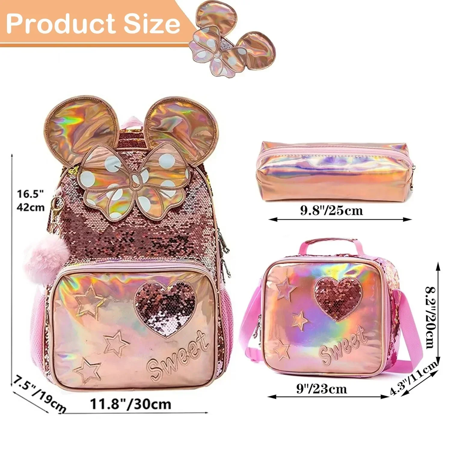 16 Inch Cute Sequin Backpack for Girl Kids School Bag Set with Lunch Box for Elementary Students Primary School 3 in 1 Bookbag 2