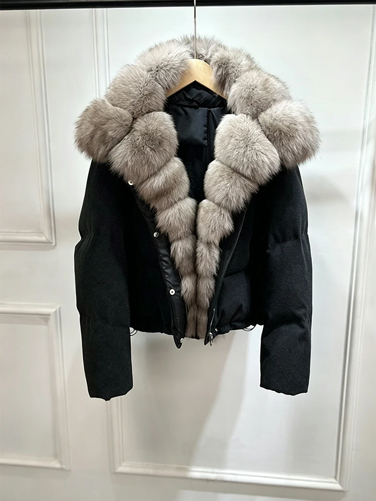 Janveny Luxury Winter 90% White Duck Down Wool Blends Jacket Women 2025 New Real Natural Fox Fur Thick Warm Puffer Down Coat