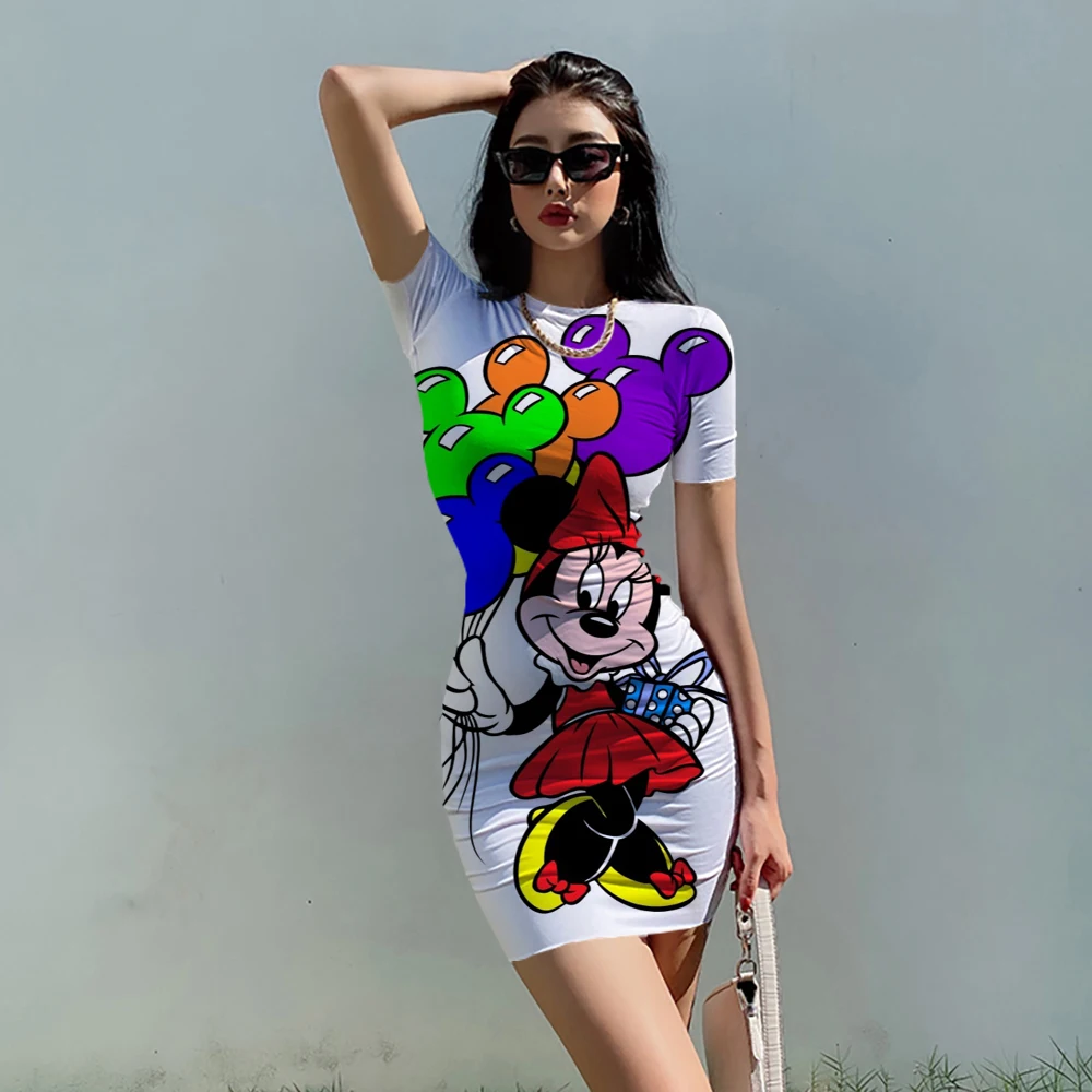 Disney Minnie Mickey Mouse Midnight Partywear Sexy Mini Dress  O-Neck Women Dress Elastic Fashion Skinny Bodycon Mini Dresses purple dress