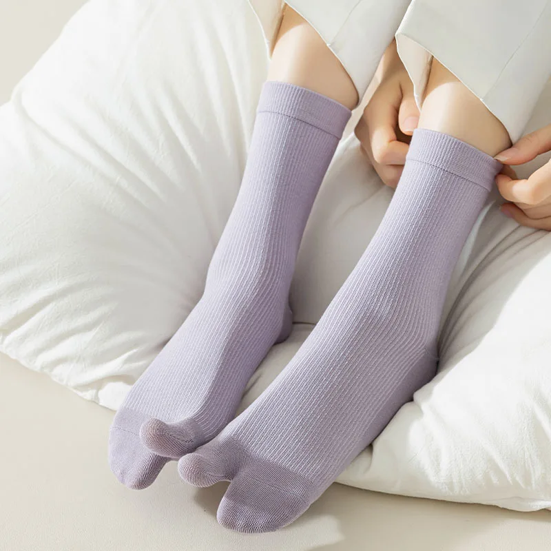 2 Toes Cotton Socks For Women Japanese Simple Solid Color