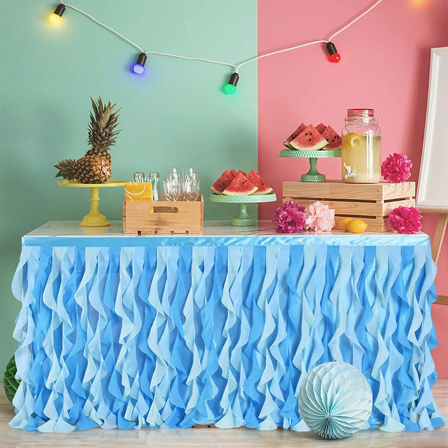 6FT Mermaid Unicorn Tulle Table Skirt Curly Willow Table Decor Colorful Theme Rag Cloth for Wedding Party Birthday Decoration
