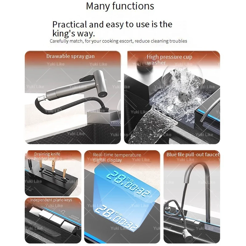 Stainless Steel Waterfall Kitchen Sink With Knife Holder Embossed Extra Large Single Slot Digital Display Faucet Set 5