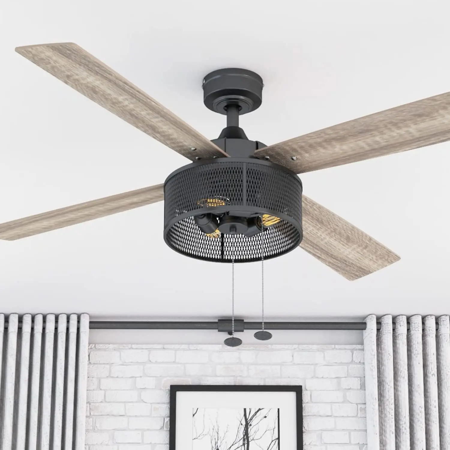 

Ceiling Fan - 52-in Dual Mount Indoor Fan with Pull Chains- LED Ceiling Fan with Light - Industrial Room Fan with Dual Finish Bl