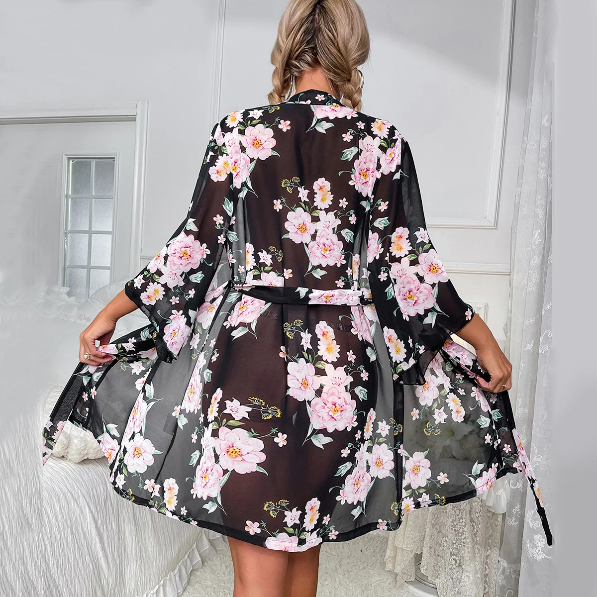 Summer Kimono Bathrobe Bride Wedding V-Neck Sleepwear Bath Gown Homewear Women Print Robe Nightwear Home Dress Loungewear