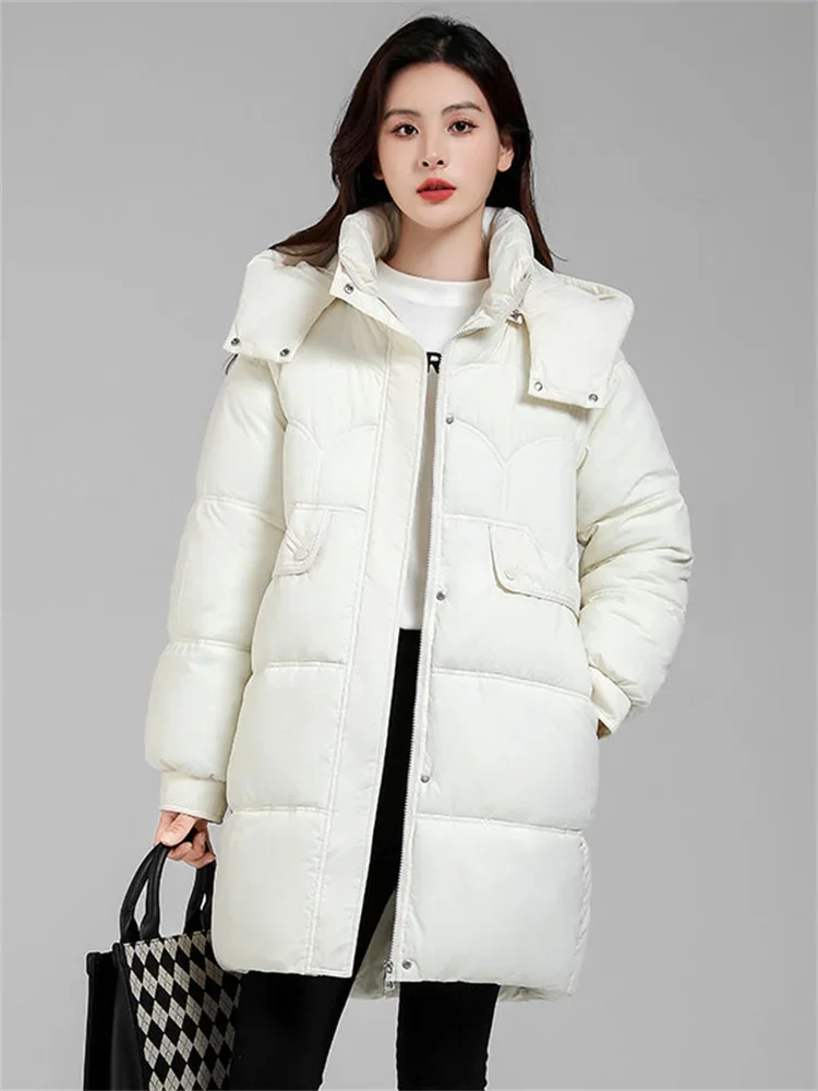 

Down Cotton Coat Women 2023 Winter New Fashion Long Loose Detachable Hooded Parkas Jacket Casual Thick Warmth Clothing