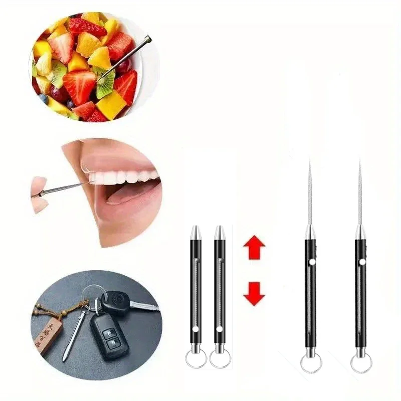 1PC Telescopic toothpick Black titanium alloy Keychain Gift pendant Fruit fork Camping toothpick holder Unpacking tool