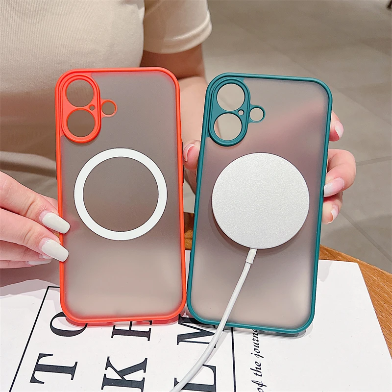 Custodia magnetica opaca di lusso Magsafe per iPhone 11 12 13 14 15 16 Pro Max X XS XR 7 8 Plus con ricarica wireless, trasparente, rigida per PC_voghion.com