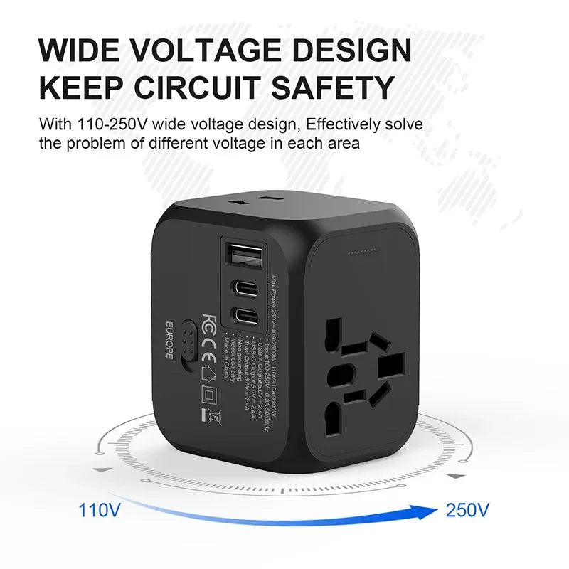 Universal Travel Plug Adapter with European Converter Capabilities – Up to 2500W Capacity