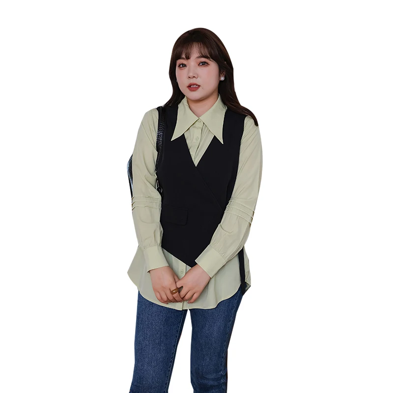 플러스 사이즈 여성 의류 2023 봄 새로운 연령 감소 세트 지방 mm 겹침 착용 조끼 옷깃 셔츠 슬리밍 배 커버 투 피스 세트