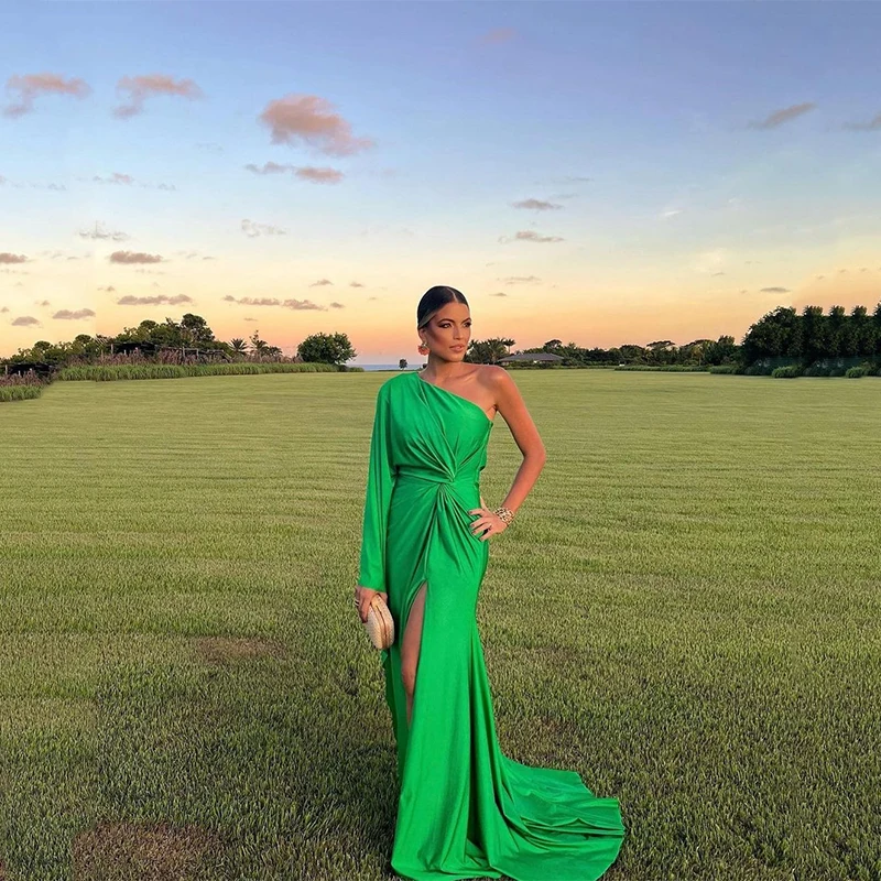 

UZN Modern Green Mermaid Prom Dresses One-Shoulder Long Sleeves Evening Dress Satin High Slit Saudi Arabia Party Gowns