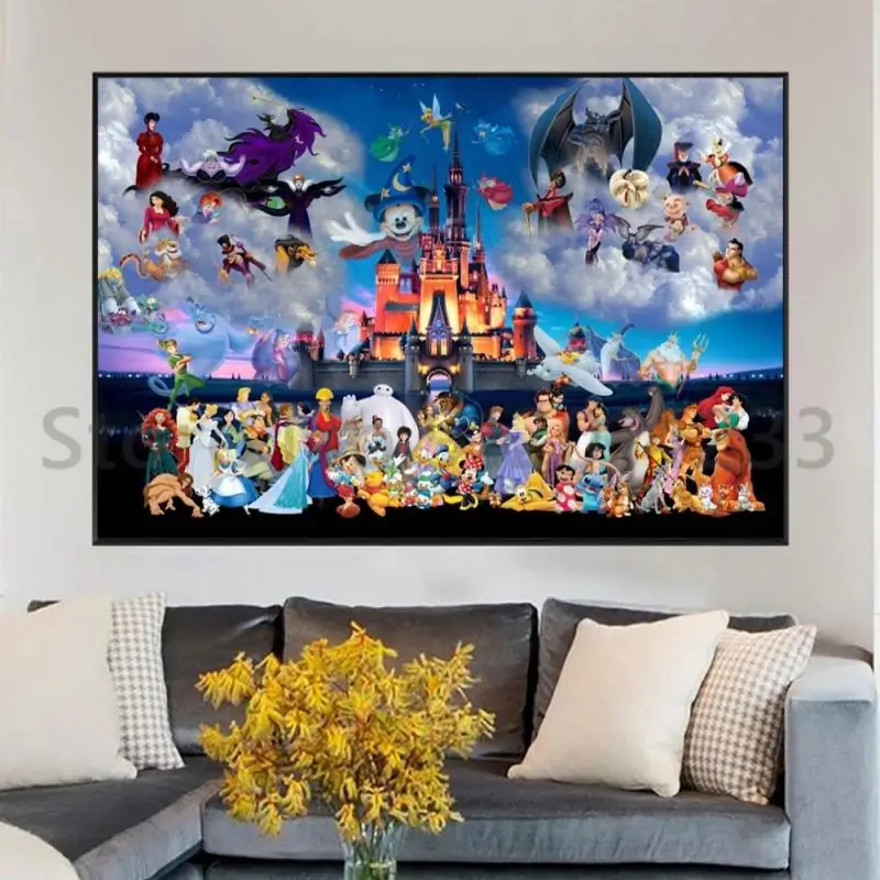 Disney Canvas Painting Disney Castle Cartoon Characters Collection Mickey Mouse Princess Picture Wall Art Poster Decorazione Della Casa