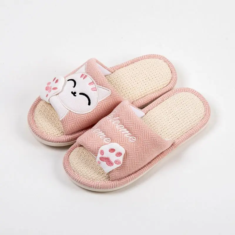 Cute Cat Platform Slippers Women Four Seasons New Linen Women's Thick Sandals Home Cartoon Slides Soft Non-slip Shoes 2024 New