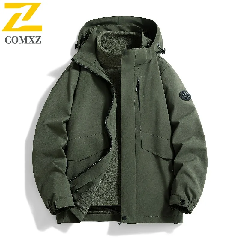 COMXZ Simple Men Jacket Hooded Outdoor Exploration Multi-Purpose Coat Leisure Ski Thick Warm Winter New Men Windbreaker