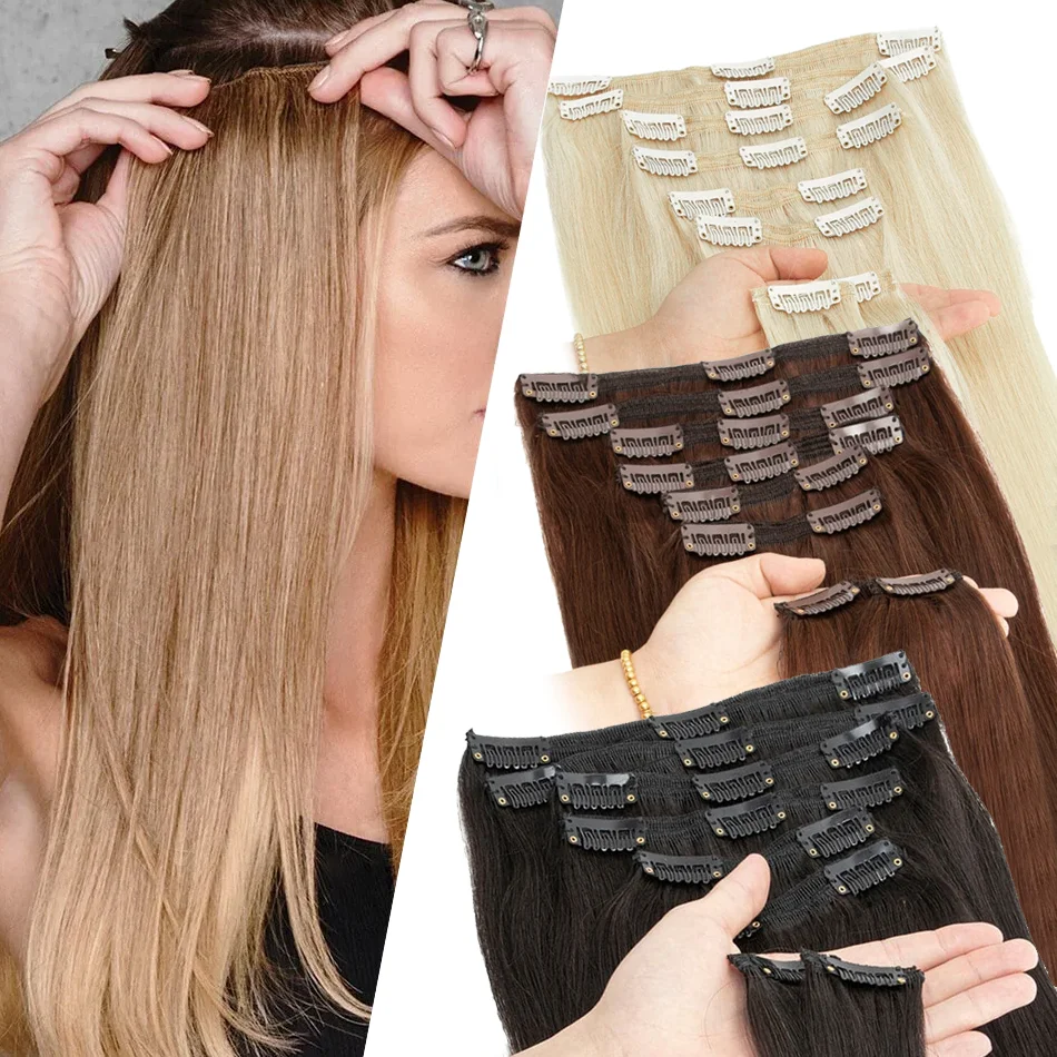 28" Clip in Hair Extensions Remy Human Hair for Women-Silky Straight Human Clip in Extensions 50g Dark Brown 613 Color