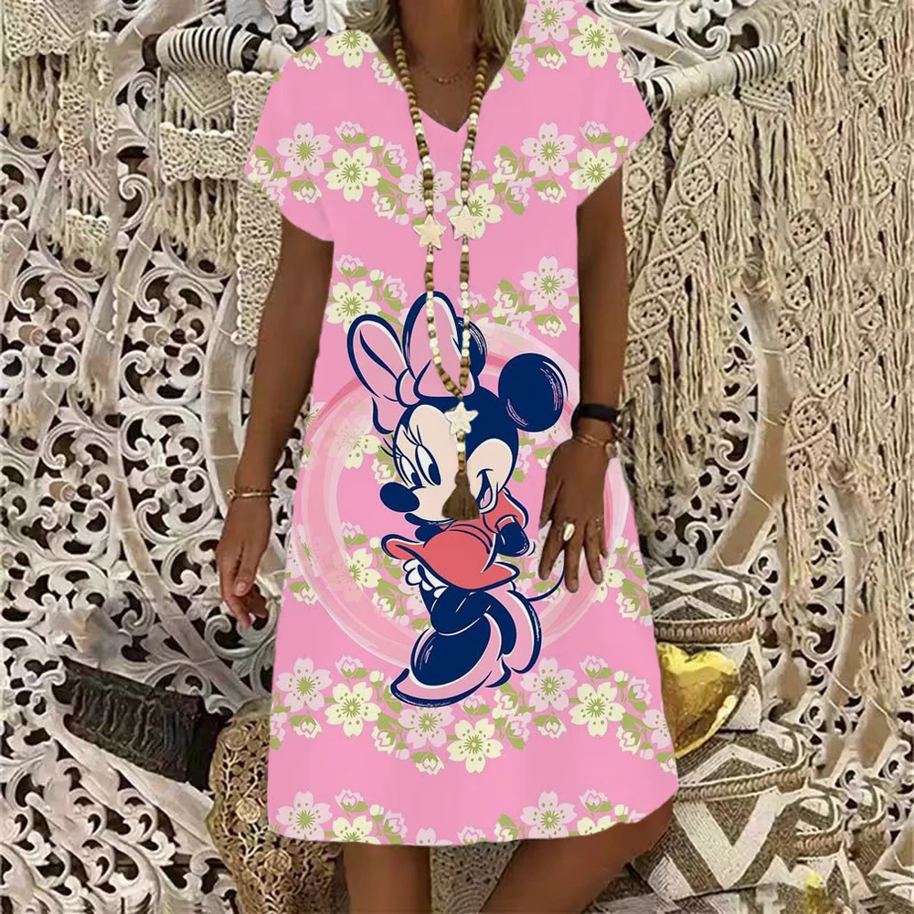 thumbnail image 1 of Elegante vestido de fiesta de playa para mujer 2024 Disney Minnie Mickey Mouse vestido de verano bohemio moda casual cuello en V vestidos midi, 1 of 5