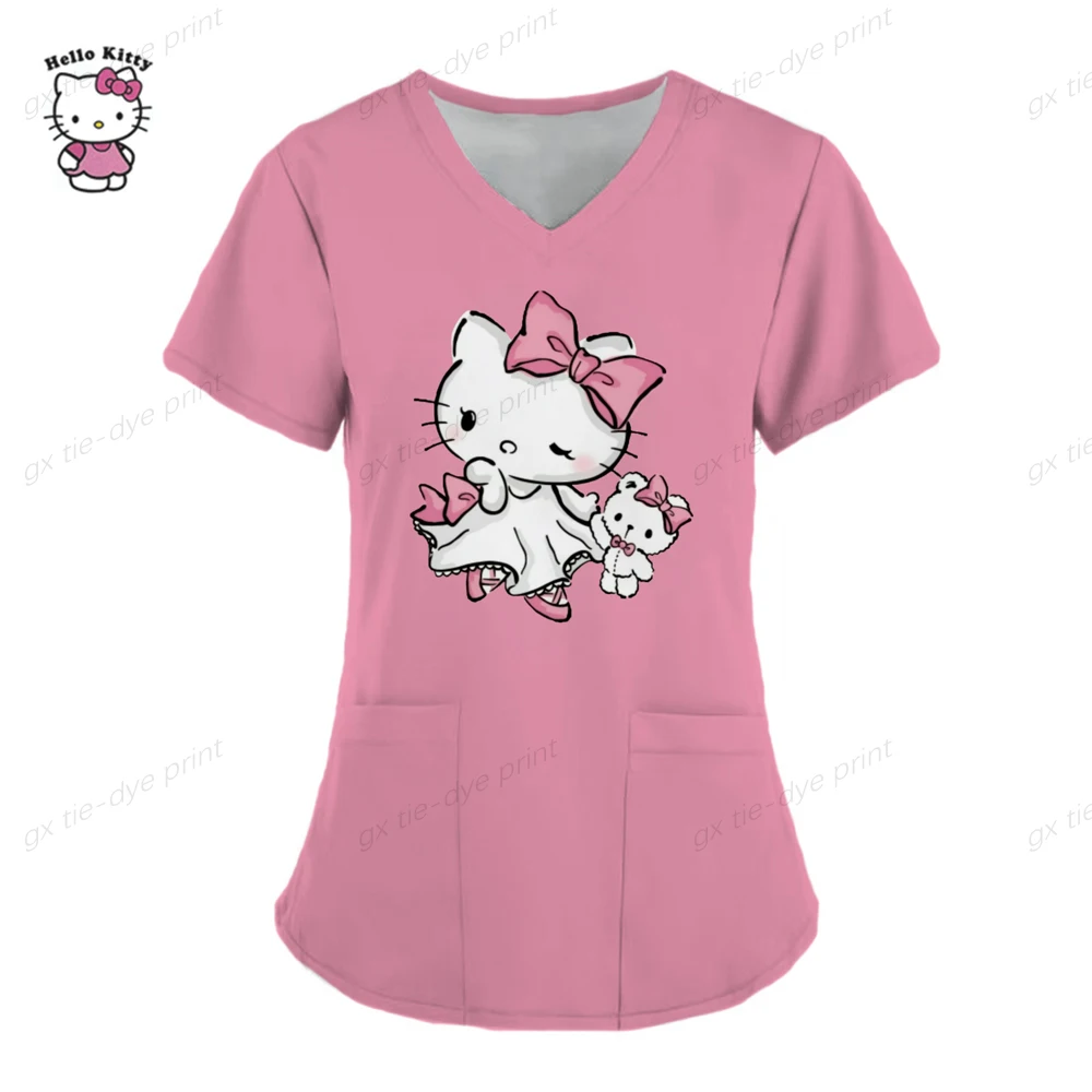 thumbnail image 1 of Uniforme de Hello Kitty para mujer, camisa de trabajo de enfermera con estampado de dibujos animados de Hello Kitty, bata con bolsillo, uniforme de enfermería para Navidad, 1 of 4