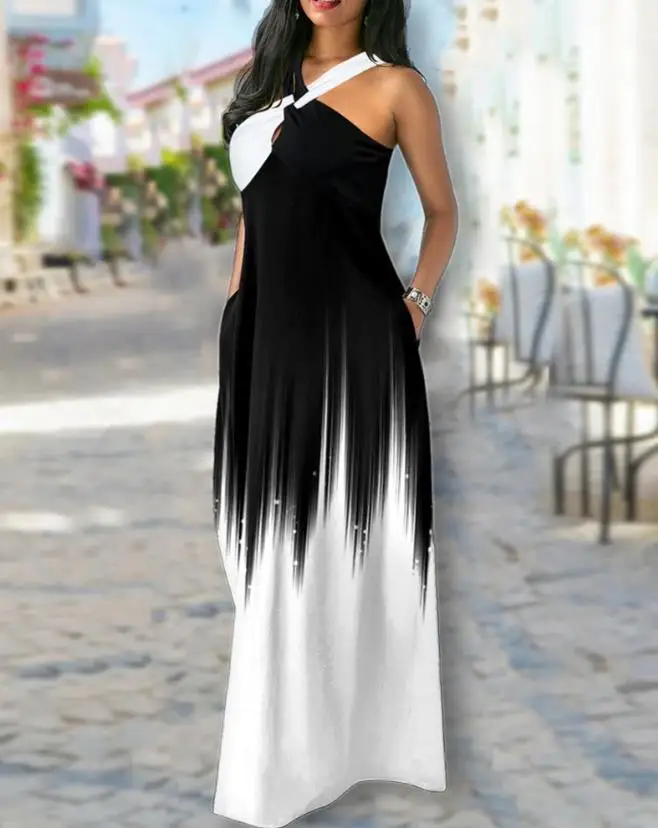 

Elegant Dresses for Women Sexy Ombre Crisscross Pocket Design Maxi Dress New Fashion 2023 Summer Casual Female Clothing Outfits