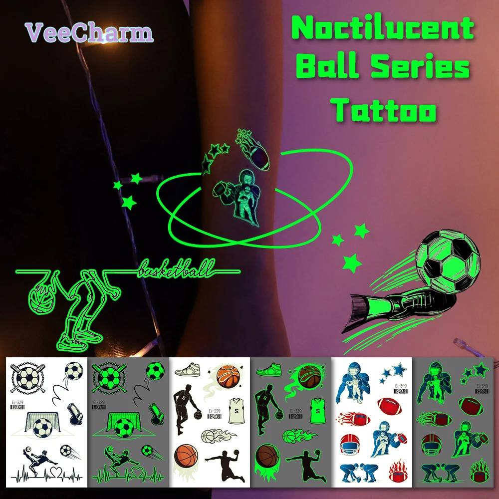 VeeCharm 10/30 Sheets Sports Luminous Temporary  Tattoos for Kids Adults Soccer Basketball American Football Game Player