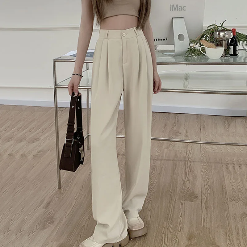

Women High Waist Wide Leg Pants Solid Color Spring Summer Casual Loose Straight Trouser Elastic Female Nine Points Suit Pants
