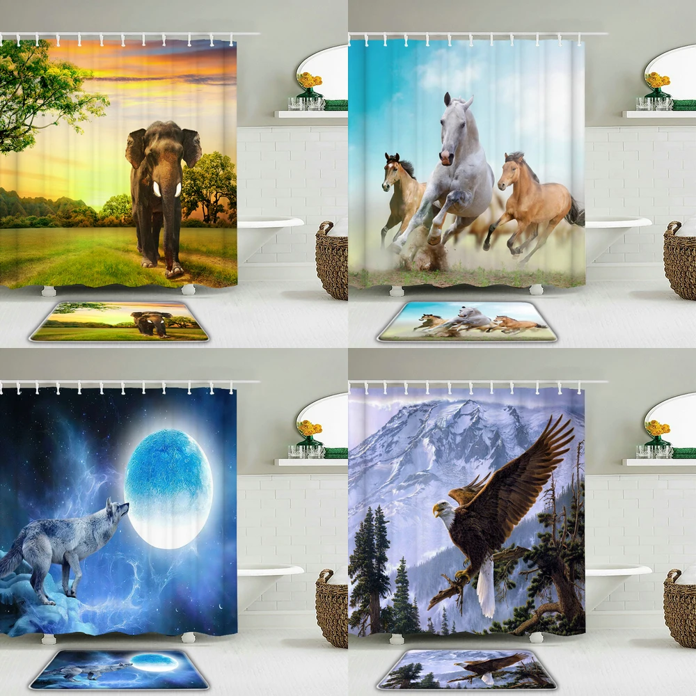 

Horse Tiger Wolf Cat Dog Animal Printed Shower Curtain Set And Rug Bathroom Waterproof Fabric For Toilet Non-slip Mat Home Decor