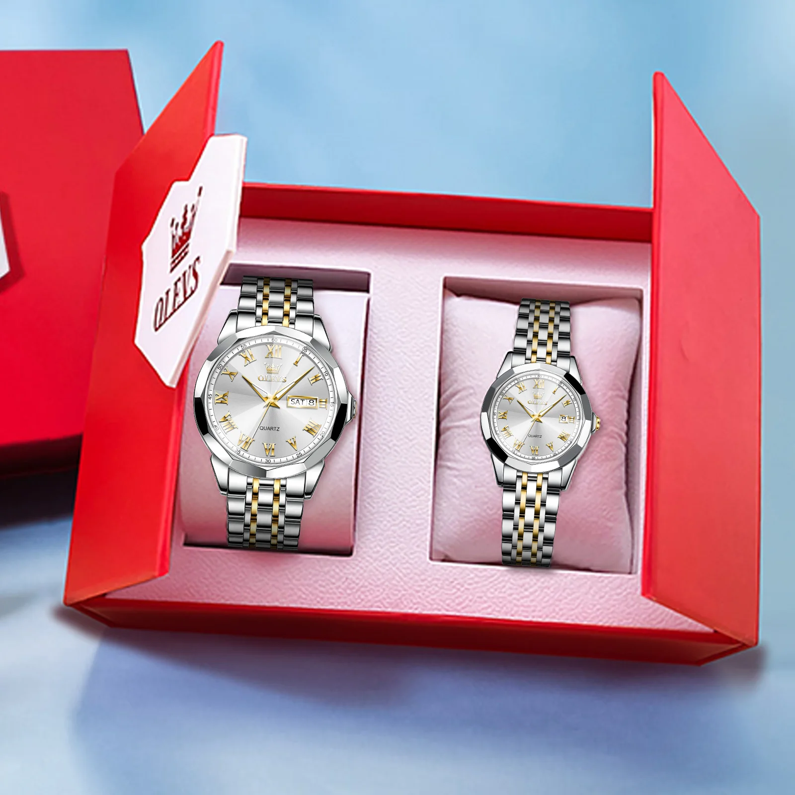 OLEVS Luxury Brand Quartz Couple Watches Fashion Original Watch for Men and Women High Quality Elegant His Hers Watch Gifts Set