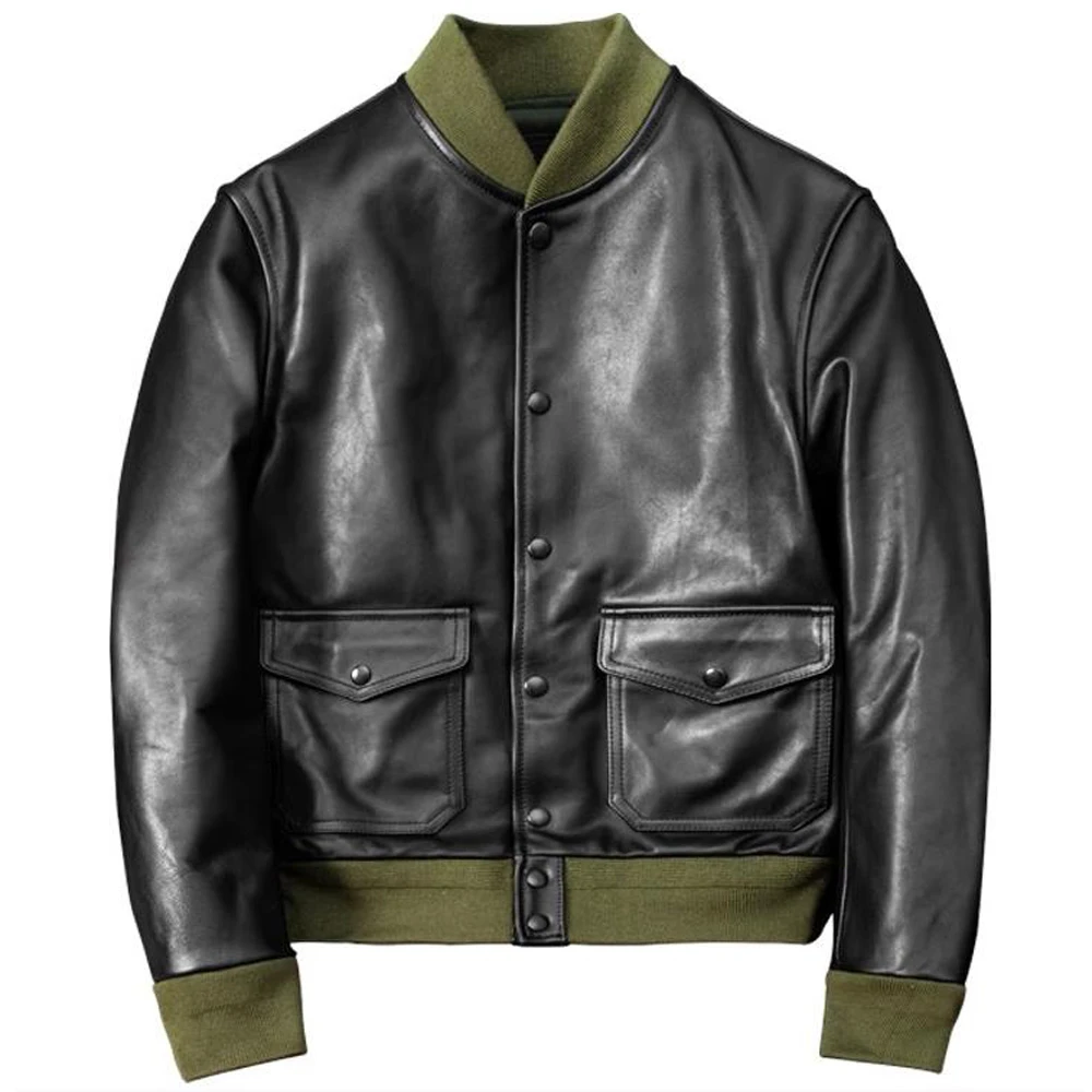 

American Korean Horsehide Leather Flight Jacket Mans Baseball Coat Natural Genuine Horseskin Coat For Men 5XL Overcoat Vintage