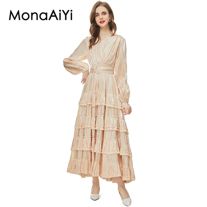 

MonaAiYi New Fashion Runway Designer Women's V-Neck Lantern Sleeves Flounced Edge Detachable Frenulum Fold Khaki Color Dress