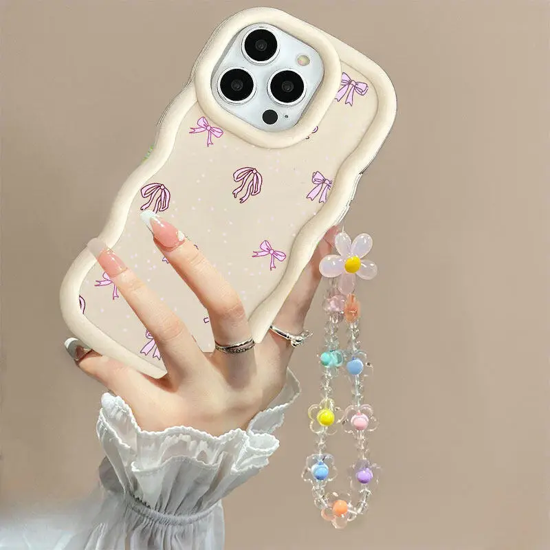Bow Flower Lanyard Wavy Edge Phone Case