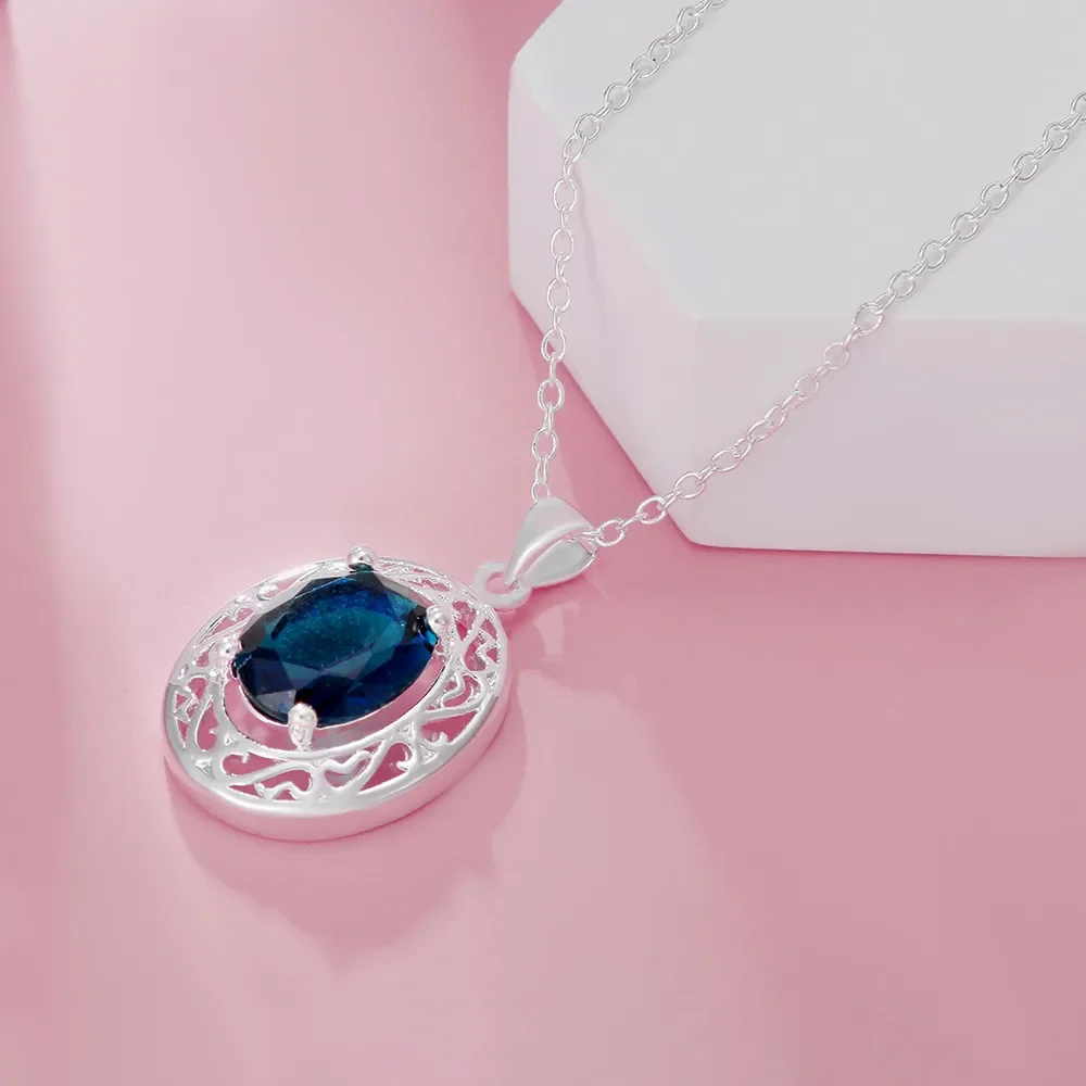 

Original 925 Sterling Silver Casual Blue Crystal Oval Pendant Necklaces for Women Fashion Party Wedding Jewelry Christmas Gifts