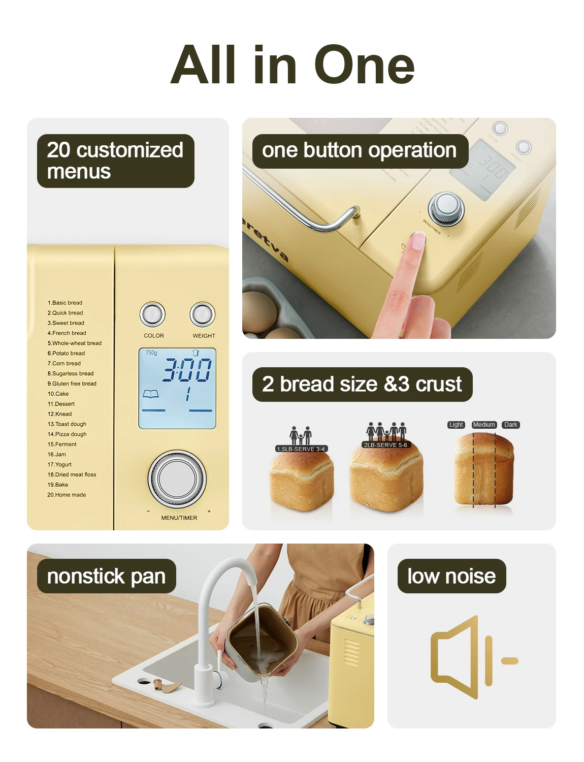 Neretva 20-IN-1 Bread Maker, Dual Heater 2LB Bread Machine BPA-Free Material & Nonstick Ceramic Pan Compact Maker Machines