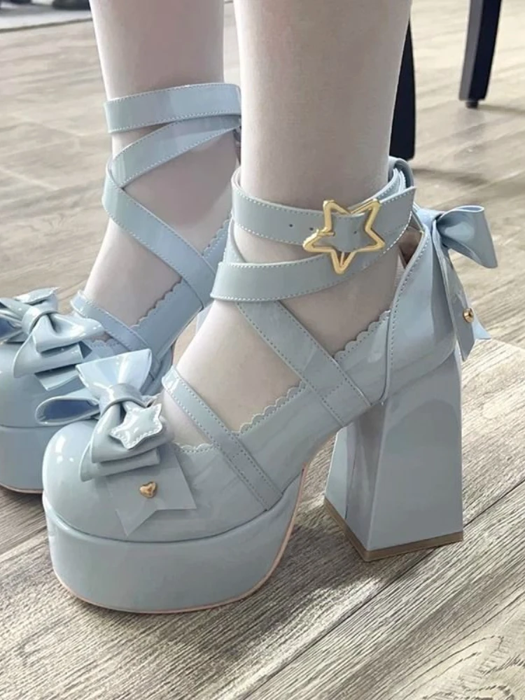 Women Sweet Vintage Mary Janes Shoes Star Buckle Lolita Kawaii Platform Bow-knot Cute Designer Summer mary jane shoes