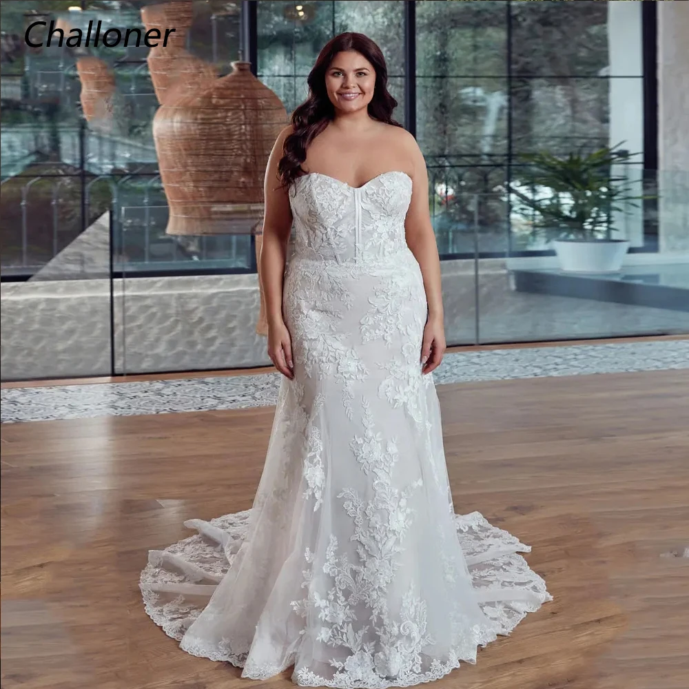 

Challoner Plus Size Mermaid Wedding Dress Sweetheart Lace Applique Backless Floor Length Bridal Gown Button Vestidos De Novia