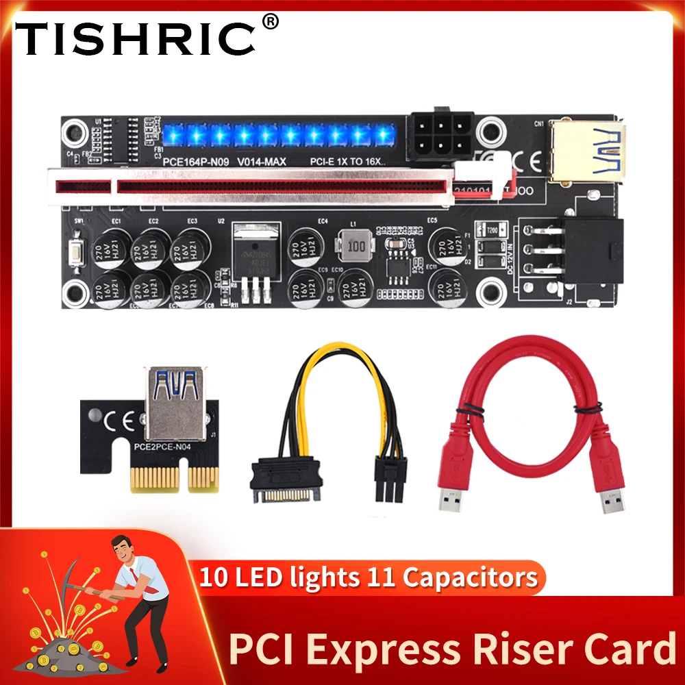 

TISHRIC PCIE Riser V014-MAX PCIE 1X Card Marquee 10 LED Lights SATA To 6Pin USB3.0 Cable Riser Video Card For Mining Miner