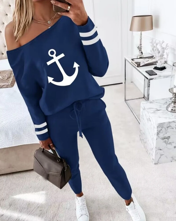 Women's Commuter Set 2024 Spring/summer Latest Letter Printed Diagonal Shoulder Long Sleeved Top and Drawstring Pants Set