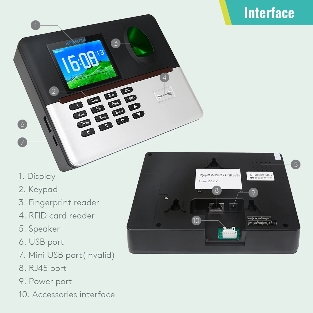 HOMSECUR A-L355 New Fingerprint And RFID Card Time Attendance+Free Software+WiFi+DST