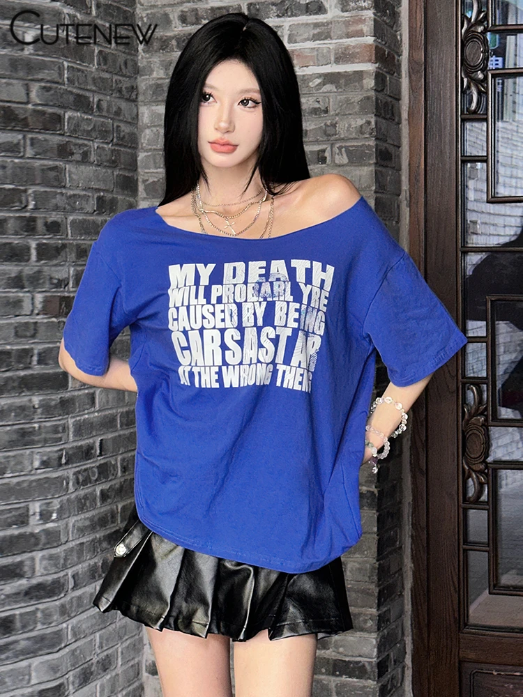Casual Letter Print Women T-shirts Summer Concise Incline Shoulder Short Sleeve Oversized Tees Female Wild Street Tops