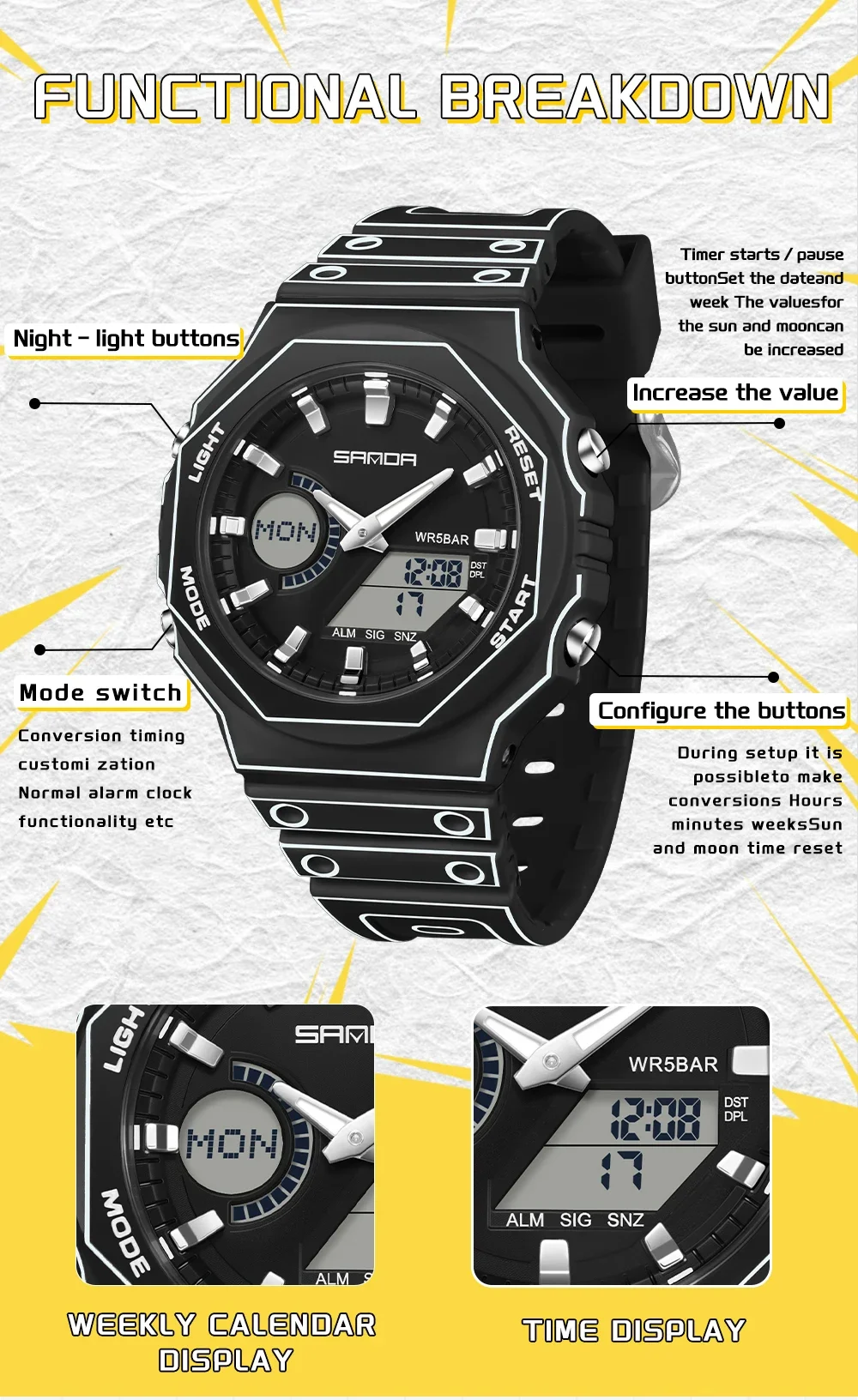 Dual Display Luminous Wristwatch with Stopwatch and Alarm