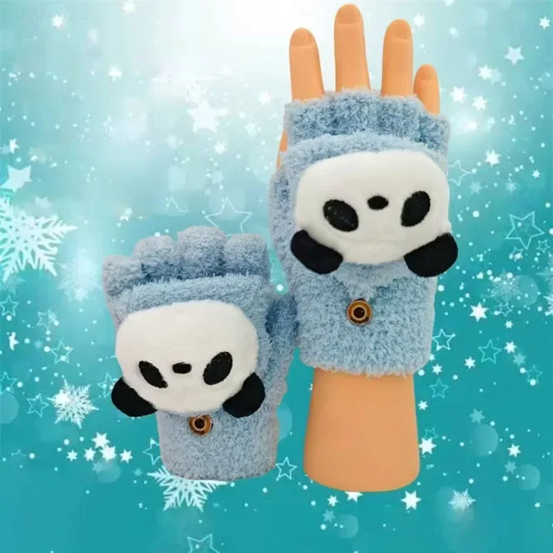 Cartoon Panda Cute Half Finger Children Gloves for Winter 6-14Y winter gloves